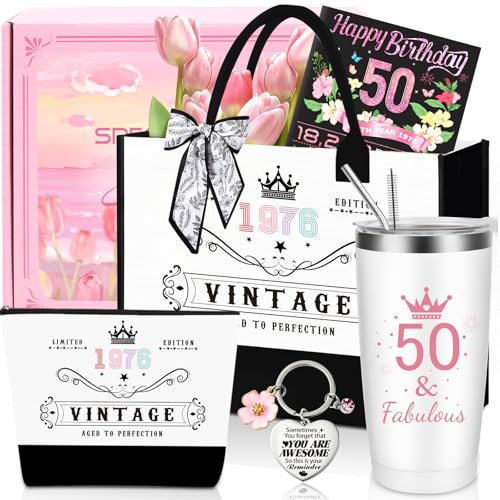 50th Birthday Gifts for Women Unique 50 Years Old Birthday Include 20 Oz Stainless Steel Tumbler with Straw Gifts for Wife Aunt Sister Friends Her Fashion 1976 Handbag Cosmetic Bag Born in 1976 Card