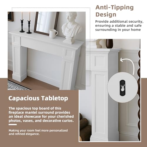 Image of Modern Fireplace Mantel Surround, White Freestanding Surround Mantel for Electric Fireplaces, Premium MDF Wooden Mantel with Leg for Living Room, Waterproof & Anti-Tipping