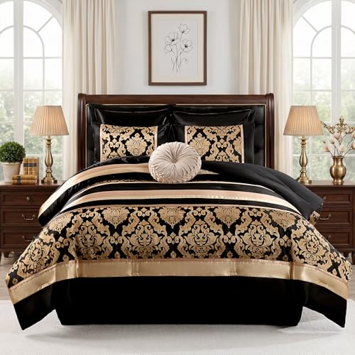 Image of CozyDH Black Gold Floral Comforter Set California King - 7 Piece Luxury Jacquard Bed in a Bag Vintage Patchwork, All Season Down Alternative Bedding with Bed Skirt, Shams, Decorative Pillow, 104x96 in