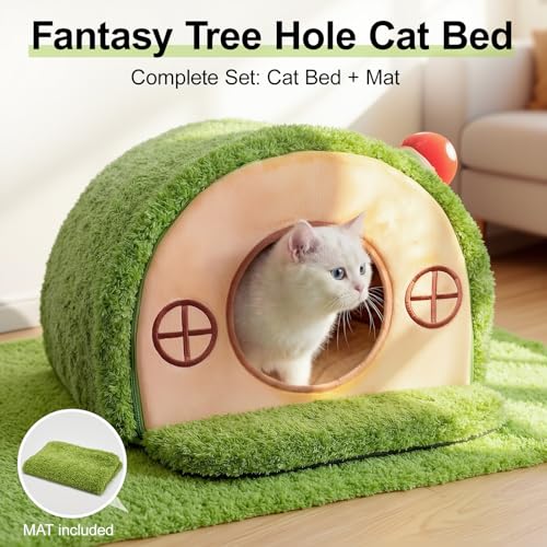 Cat House for Indoor Cats - Tree Hole Cat Bed Cave Hideaway | Enclosed Calming Shelter for Small Medium Pets, Removable & Washable Cushioned Pillow, Cute Kitten Bed with Anti-Slip Base - Image 3