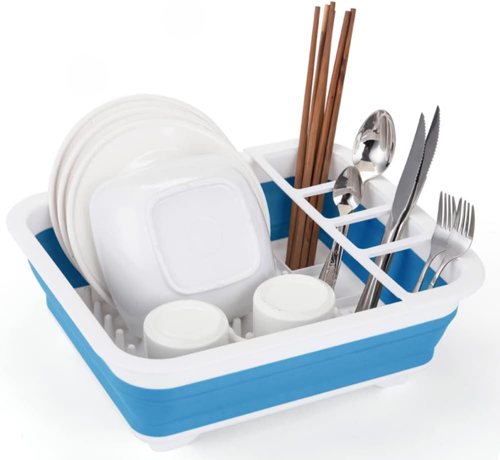 Collapsible Dish Drying Rack Rack Portable Dish Drainer Dinnerware Organizer Kitchen RV Campers Storage (Blue)