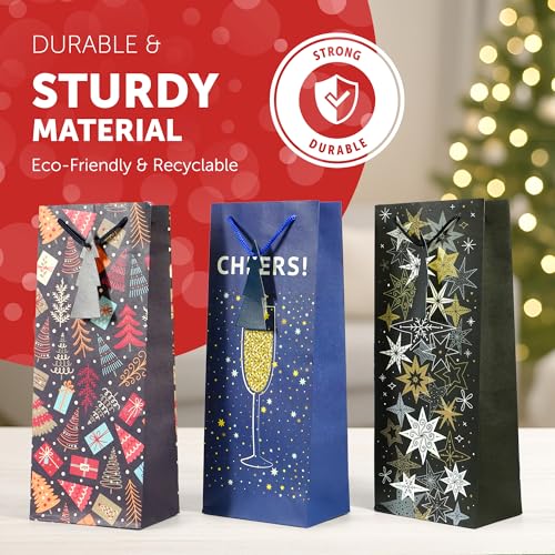 Kraft & Co. 3 Pack Christmas Wine Bottle Gift Bags, 200gsm Kraft Paper with Rope Handles, Eco-Friendly Recyclable Holiday Packaging, Fits Standard Wine Bottles, Sparkle - Image 4