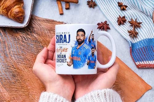 Image of Cricket Theme Coffee Mug IPL Edition - Stylish Helicopter Shot Print Cup - Gift for Cricket Fans, Boys & Friends (Mohammad siraj)