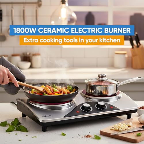 Image of Hot Plate, CUSIMAX Electric Double Burner, Portable Ceramic Infrared Cooktop, Dual Control Cooking Stove, Heat-Up in Seconds, Compatible for All Cookwares, Silver