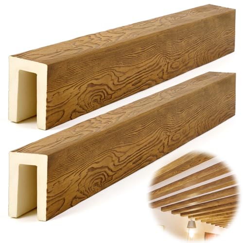 CroBlissful 2 Pack 3.5 W x 5.5 H x 48 L Faux Wood Ceiling Beams Polyurethane U-Beams Lightweight Rustic Wood Grain Beam Covers for Living Room Kitchen Entryway(Natural White Oak MENA)
