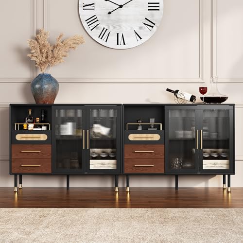 Image of ARTPOWER 48 inch Coffee Bar Cabinet with Wine Racks and Drawers, Modern Buffet Sideboard with Pull-Out Wine Storage, Liquor Bar Cart for Kitchen, Dining Room, Living Room (Black)