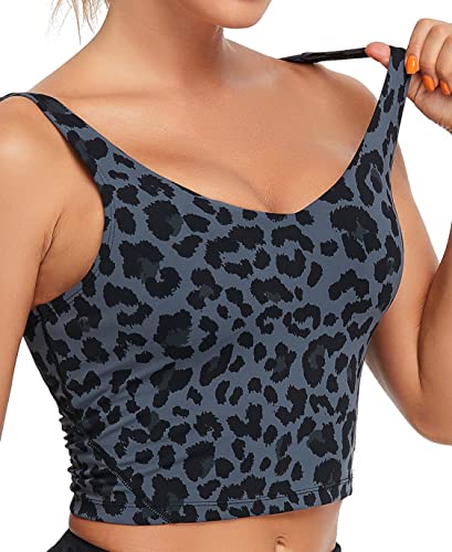 Image of Oalka Sports Bra Womens Longline Padded Crop Yoga Tank Tops | Built in Bras, Workout, Athletic, Fitness, Super Soft, Comfort, Cropped Top, Removable Pads, Heart Neckline For Women