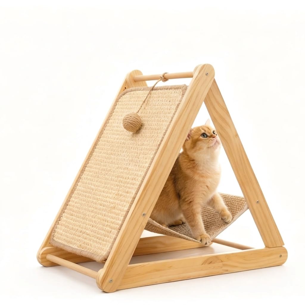 Solid Wood Cat Scratcher with Sisal Pad, 2-in-1 Cat Bed and Scratching Post for scratching pad, Sturdy Triangle Cat Furniture with Play Ball and Triangular Hammock, Incline for easy to Grinding Claws