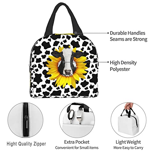 Odfovowo Portable Lunch Bags Sunflower Cow Print Insulated Lunch Box Reusable Cooler Tote Bag With Front Pocket For Women #TOP4