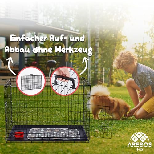 Arebos Hundekäfig 92,5 x 60 x 66 cm | Hundetransportbox Auto klappbar | Hundebox faltbar | Transportbox Hund mit 2 Türen | Hundekäfig für Zuhause | L Schwarz
