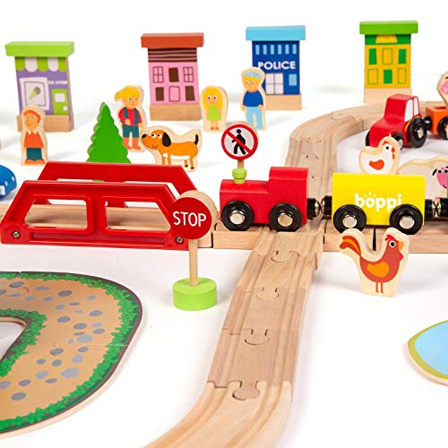 boppi grote houten speelgoedtreinset van 150 stuks met accessoires: poppetjes, boerderijdieren, stadsauto's, tractor, voertuigen, brug, bomen, verkeerselementen, 2 locomotieven met wagons, 44-delige spoorbaan voor kinderen van 3 jaar en ouder - Image 7
