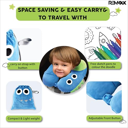 Image of REMAXX Inflatable Kids Travel Neck Pillow for Boys and Girls for Car Airplane Compact Washable Soft Cozy Quick Inflation Camel Head Design with Included Carrybag with Free Sketch for Coloring the Box