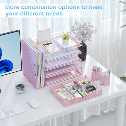 Image of gianotter 5-Tier Desk Organizer with Drawers and File Holders | Letter Trays and Pen Holders - Workspace Accessories for Office Supplies (Pink)