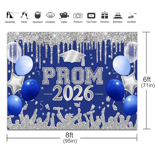 Fitumiw Blue and Silver Prom 2026 Graduations Backdrop Class of 2026 Congratulate Graduation Background Party Decorations 2026 Congrats Grad Banner Photo Booth Props (Blue and Silver, 8x6ft) by Fitumiw - Used condition - Image 3