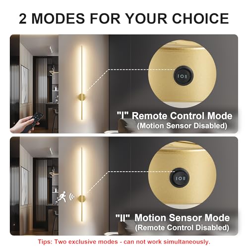 Image of KARTOOSH Gold Battery Operated Wall Sconce Set of Two with Motion Sensor | Rechargeable Wireless Wall Lights with Remote Control, Dimmable, 3000K /4000K /6000K, Timer for Living Room, Hallway,39.3 Inch