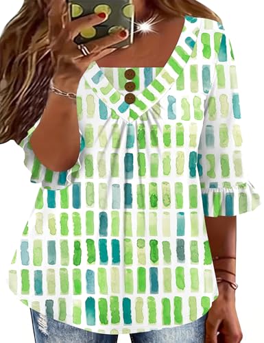 TFSDOD Plus Size Summer Clothes for Women 3/4 Ruffle Sleeve T-Shirts Loose Fit V Neck Pleated Outfits White Green Stripe 3XL