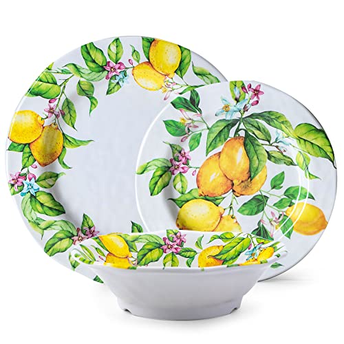 LEHAHA Lemon Melamine Dinnerware Dish Set – 12 Piece Indoor and Outdoor Plates and Bowls Sets for Everyday Use, Dishwasher Safe, Unbreakable Kitchen Dinner Set, Service for 4…