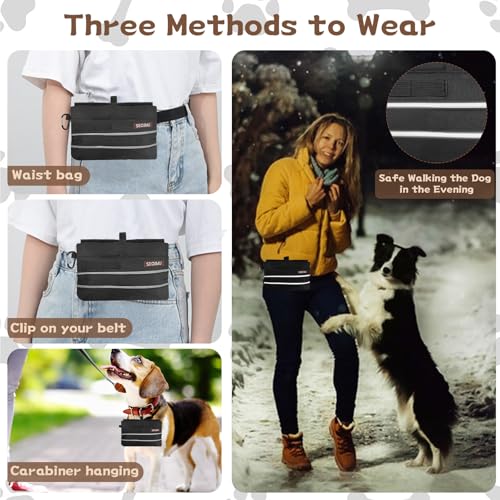 Leckerlitasche für Hunde mit Magnetverschluss, Freihändige Leckerlibeutel für Hunde, 3 Methoden zu Tragen Hundeleckerli Tasche, Praktischer Hunde Leckerlitasche mit Gürtel & Karabiner (Schwarz, L)