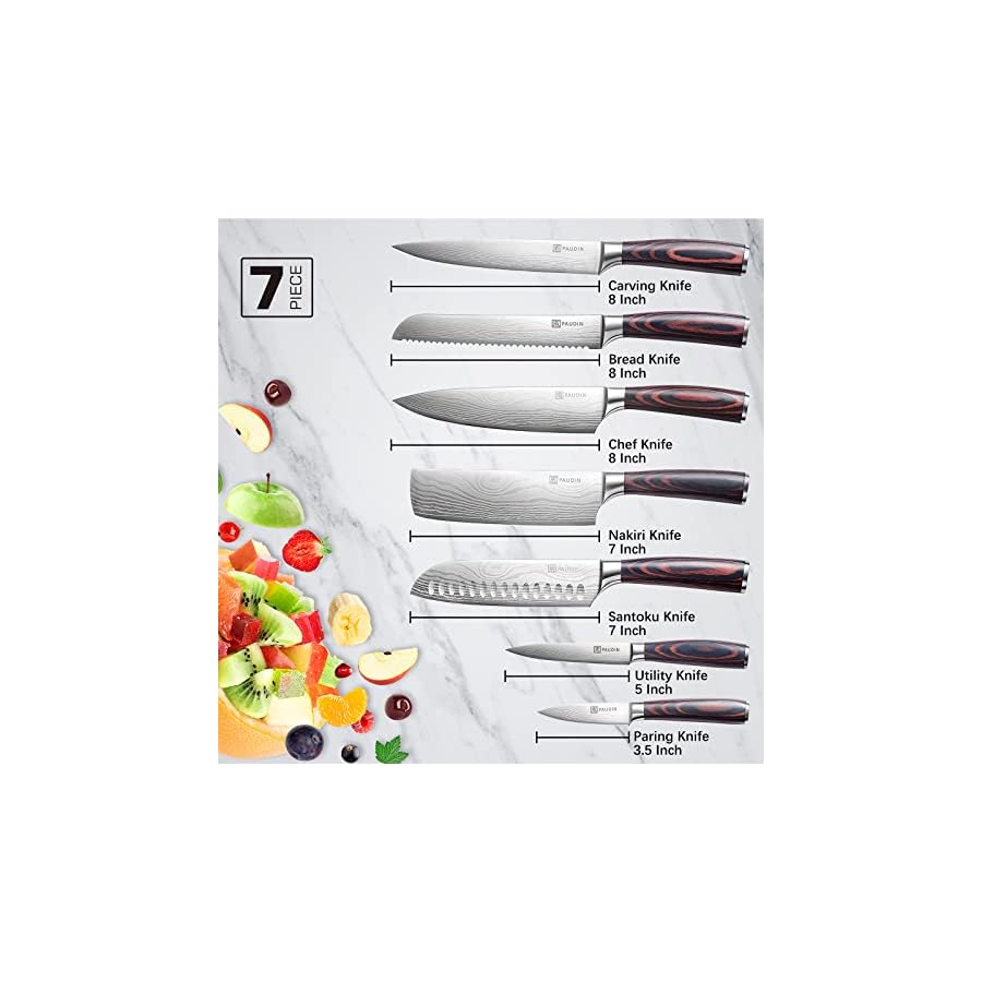 PAUDIN-Kitchen-Knife-Set-Professional-7-Pcs-Knives-Set-for-Kitchen-Chef-Knife-Set-with-Sharp-High-Carbon-Stainless-Steel-Forged-Blade-and-Pakkawood-Handle-Japanese-Knife-Set-Come-with-Gift-Box PAUDIN Chef Knife Set, 7 Pieces Kitchen Knife Set, High Carbon Stainless Steel, Ultra Sharp Knife Set, Professional Knives Set for Kitchen with Pakkawood Handle