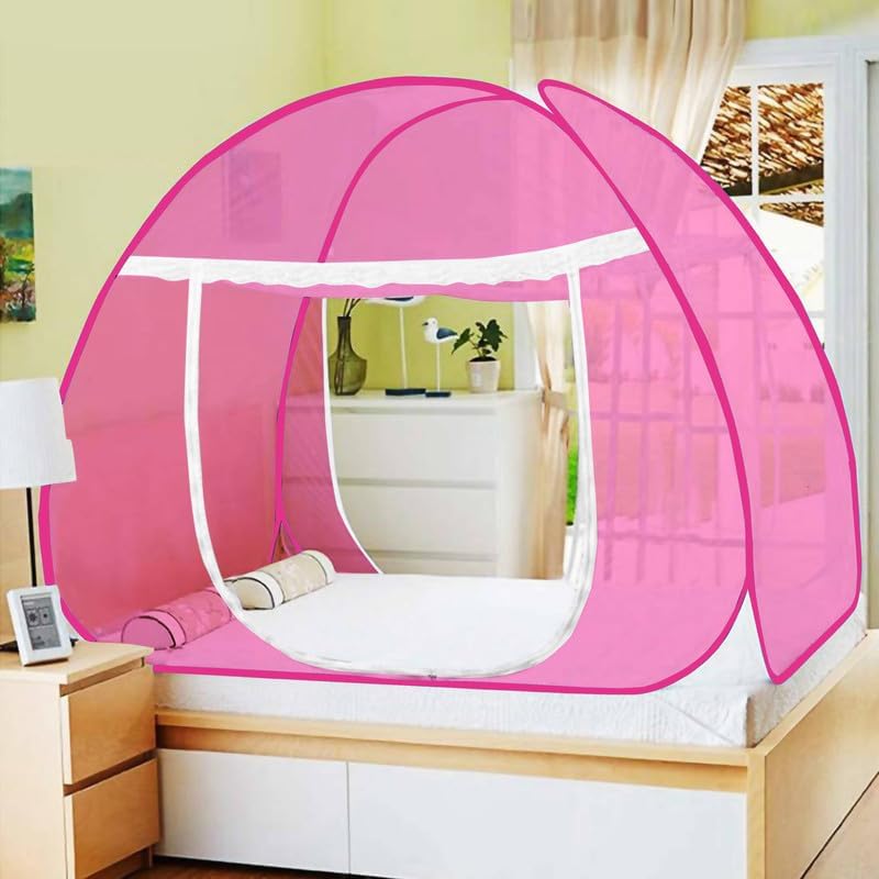 Double Bed Mosquito Net | King Size Foldable Machardani | 30GSM Polyester Fabric Net with Steel Frames Doubell Bed (Full Pink) 3