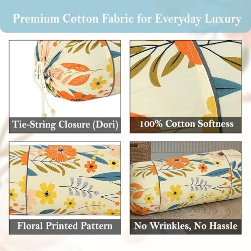 Image of GLUN Pack of 4 Multicolour Flower Printed Round Bolster Pillow Covers, Size 16 inch x 30 inch (40 x 75 cm, Cream) Printed Polyester Silk Fabric for Living Room or Bedroom, Stylish & Modern Covers