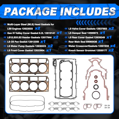 Image of LS9 Head Gasket Kit & LS Engine Complete Gaskets Set w /Gen IV (4) Valley Cover & Oil Pan Ga-sket - Compatible with LS1 LS6 LQ4 LQ9 4.8L 5.3L 5.7L 6.0L V8 Engines