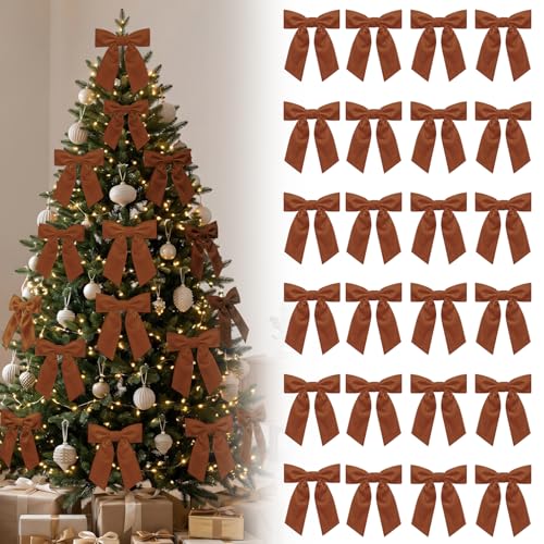 HIVTE Lote de 24 Lazos de Terciopelo, 12 cm Lazos Marrones Pre-Atados con Cierres de Alambre para Árbol de Navidad, Coronas, Guirnaldas y Envoltura de Regalos