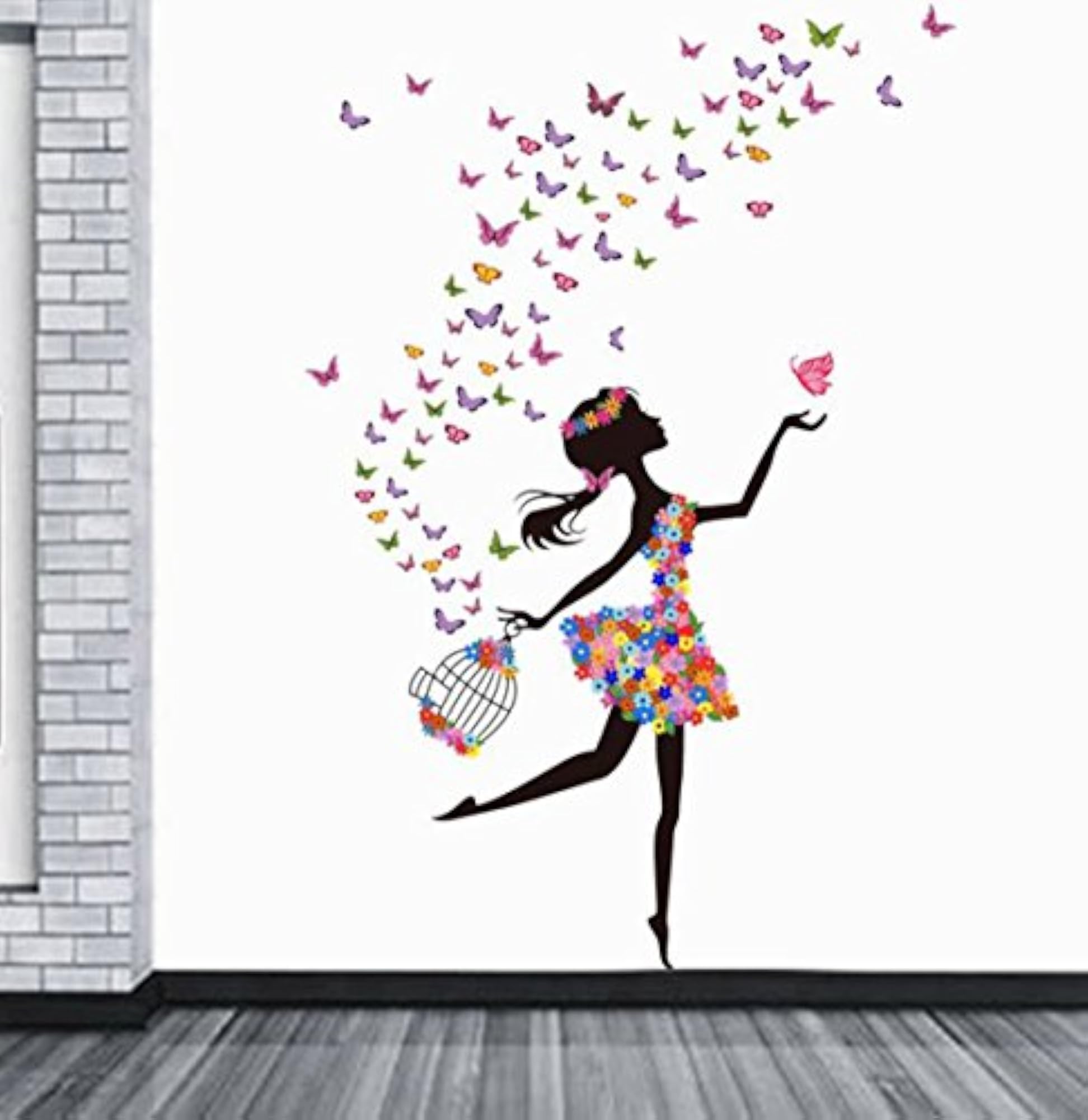 'Dreamy Girl with Flying Colourful Butterflies' Wall Sticker