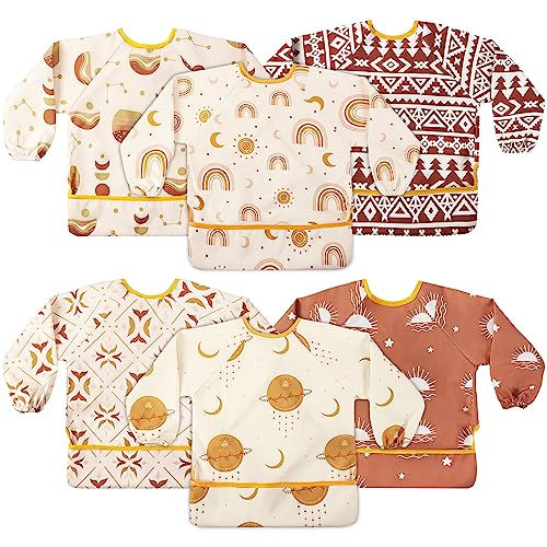 Image of Jeyiour 6 Pack Long Sleeve Baby Bibs Mess Proof Bib Washable Feeding Bib Waterproof Smock Bib for Infant Toddler 6-24 Months(Boho Style)