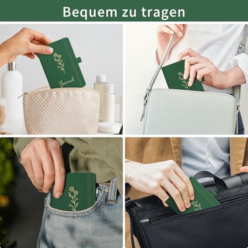 AUTEMPO A6 Klein Notizbuch, 160 Seiten 100 gsm dickes Papier, Mini Hardcover linierte Journal Notizbücher Mit elastischem Verschlussband und Falttasche (Dunkelgrün)