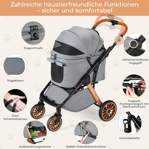 MAMIZO Faltbarer Hundebuggy One-Touch, Faltbar Katzenwagen, Bis 25 kg, Aluminium-Carbonstahl-Gestell, Höhenverstellbarer Griff, Getränkehalter, 4 PCS 360° Gummiräder, für kleine Hunde Katz, Dunkelgrau