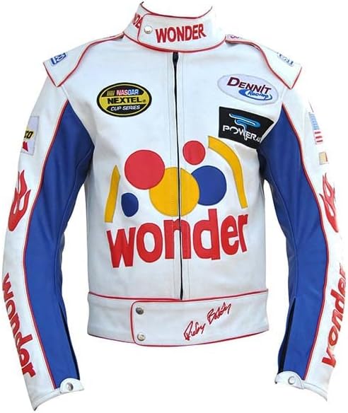 Men Ricky Bobby Wonder Racing Nights Bread Speed White Faux Leather Motorcycle Jacket - Wonder Ricky Bobby Jacket