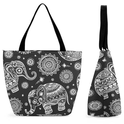 Sac à main éléphant noir et blanc grand cabas graphique 28.5x18x32.5cm