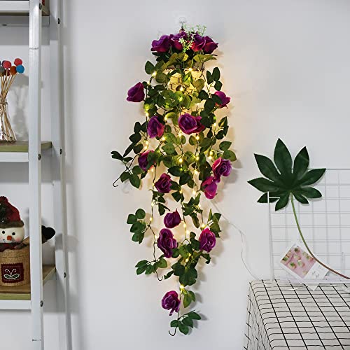 GUOCHENG Encantadora guirnalda de flores de rosas artificiales colgante rosa con cuerdas de luz de cobre, enchufe USB, lámparas de hadas LED, vides de flores para bodas, fiestas, hogar, porche Cover