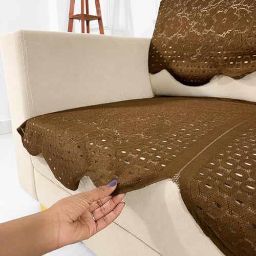 Image of Homerz Premium 'Surya Series' Sofa Cover | Stylish Sofa Protector | Net Fabric | Anti-Stain & Washable Slip Cover Exact Size Antislip (Flower Valley Brown, 2 Seater, Seat Cover with Backrest)