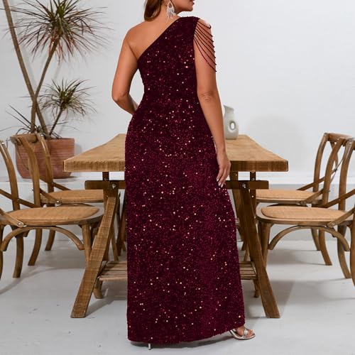 Image of Cololura Women Sequin Elegant Sexy One Shoulder Tassel Mermaid Bodycon Cocktail Evening Dress