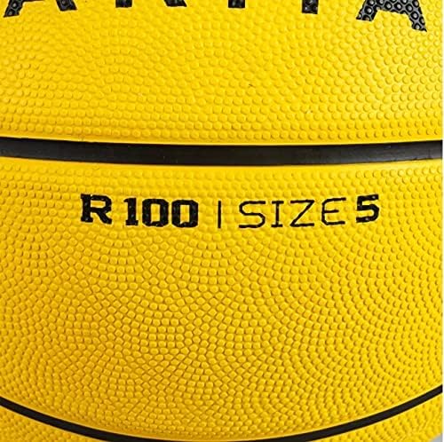 Close-up of the Tarmak R100 basketball showing the 'R100 | SIZE 5' marking.