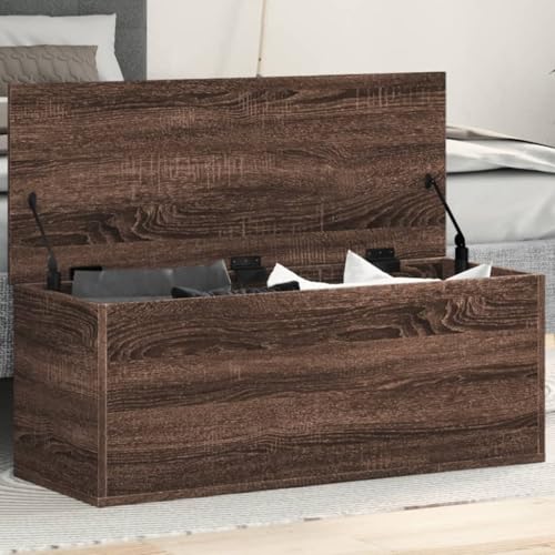 Homgoday Baúl de madera con tapa, baúl de almacenamiento para juguetes, caja de almacenamiento para pasillo, dormitorio, salón, aspecto de roble marrón, 90 x 35 x 35 cm, material de madera