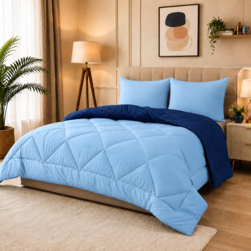 Image of 220 GSM Comforter Single Bed | Microfibre Reversible AC Blanket Duvet Quilt Single Bed for Summer | Comfortable and Super Soft (Navy Blue & Sky Blue)