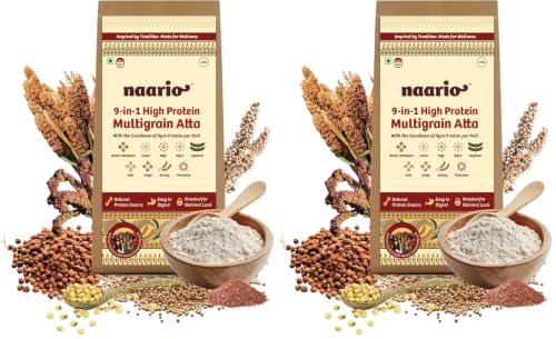 Image of Naario 9-in-1 Multigrain Atta | 8g Protein Per Roti | No Wheat | Low GI | Diabetic Friendly | 9 Roasted Grains - Black Chana, Jowar, Ragi, Bajra, Oats, Flaxseeds | Gluten Free | 1Kg (Pack of 2)