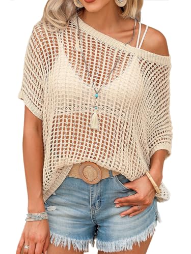 Short Sleeve Crochet Sweater Casual Beach Cover up Off Shoulder Summer Tops Loose Hollow Out Knit Tops Crewneck Pullover (US, Alpha, XX-Large, Plus, Regular, Apricot)