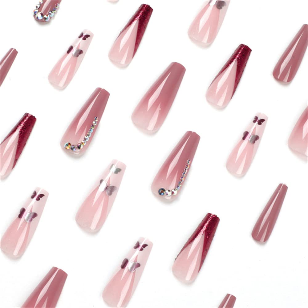 Cobertura completa de uñas postizas largas con pegamento Desmontable Diamante Mariposa Gradiente Presione en las uñas 24 piezas Puntas de arte de uñas para salones de uñas y mujeres Arte de uñas DIY