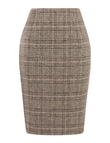 Kinghua Damen Bleistiftrock aus Wolle, kariert, Herbst, Winter, hohe Taille, Schlitz, figurbetont, knielang, Midirock, Gitter Kaffee, Groß