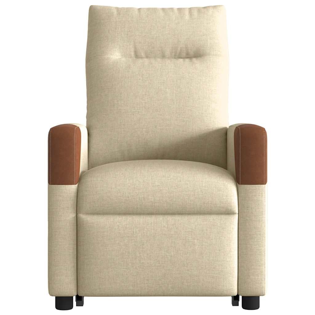 Sillón elevador eléctrico reclinable de tela color crema con función de elevación automática y reclinación manual a 135 grados, estructura estable de madera y metal, bolsillo