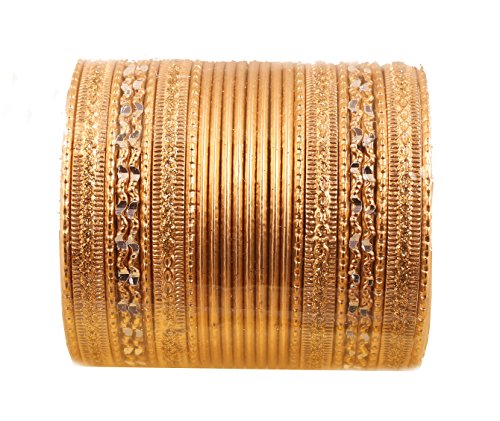 Touchstone NEW Colorful 2 Dozen Bangle Collection Indian Bollywood Alloy Metal Textured Golden Designer Jewelry Special Large Size Bangle Bracelets. Set Of 24. In Antique Gold Tone For Women