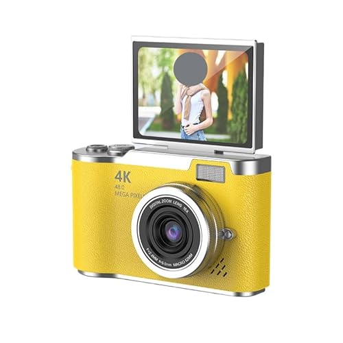 4Kデジタルカメラ Wi-Fi転送対応 180°回転スクリーン デュアルレンズ 6軸手ぶれ補正 フラッシュ搭載 自撮り対応 レトロデザイン 初心者向け (32G,イエロー)