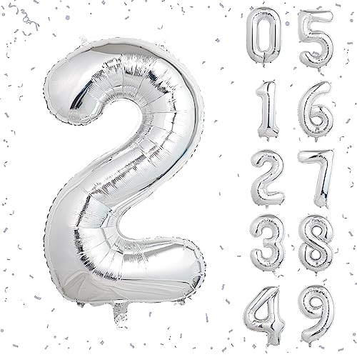Image of 40 Inch Silver Number Balloons, Helium Mylar Foil Number Balloons for Birthdays, Number 2 Balloon for Party Wedding Bachelorette Birthday Bridal Shower Anniversary Celebration Party Decorations