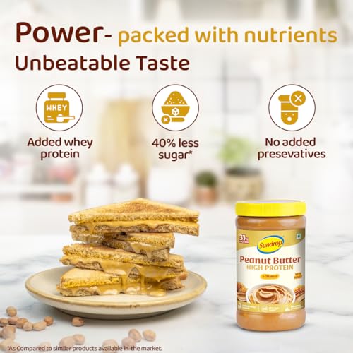 Image of Sundrop Peanut Butter High Protein I with Honey | Creamy | 500 grams | With 31% Protein | Added Whey Protein | No Preservatives | Great Value Per Gram of Protein I 40% less Sugar
