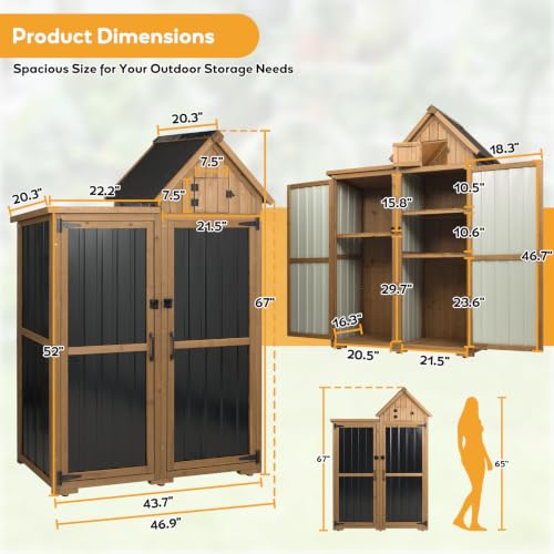 Image of PetsCosset Outdoor Storage Cabinet Wood & Metal Garden Shed with Lockable Doors, 3 Adjustable Shelves, Weatherproof Patio Backyard Storage for Tools & Garden Supplies