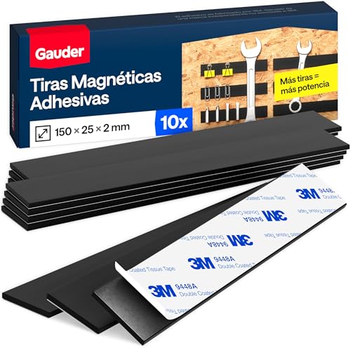 GAUDER Cinta magnética adhesiva - Potentes tiras magnéticas para objetos metálicos - Cintas magnéticas precortadas con adhesivo (10 piezas - 15 cm x 2 mm x 2 mm)